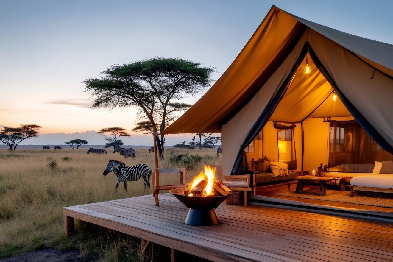 Glamping tent with fire pit overlooking grazing zebras at dusk in serengeti national park